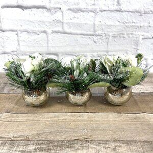 White Flower Rose Pine Mercury Glass Ornament Vases Winter Holiday 3 Pc Set NEW